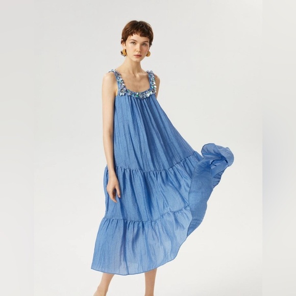 Exquise Blue Square‑Neck Flouncy Maxi Dress Pockets Tiered Skirt S Bohemia - Picture 1 of 11